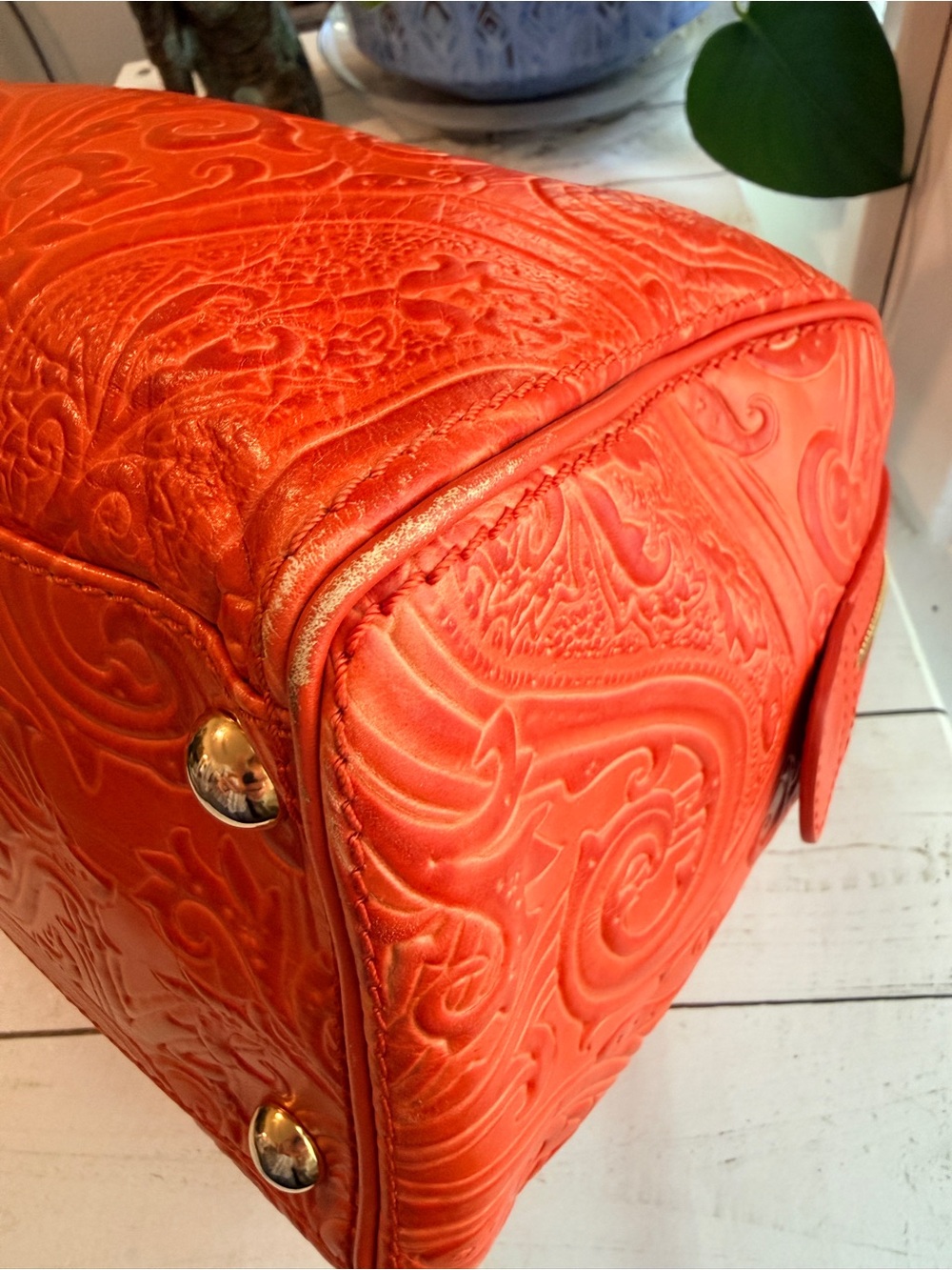 Etro Burnt Orange Paisley Embossed Leather Satchel Boston Bag - Picture 10 of 15